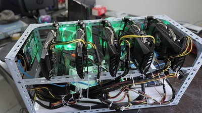 High-performance ASIC mining rigs stacked in a data center